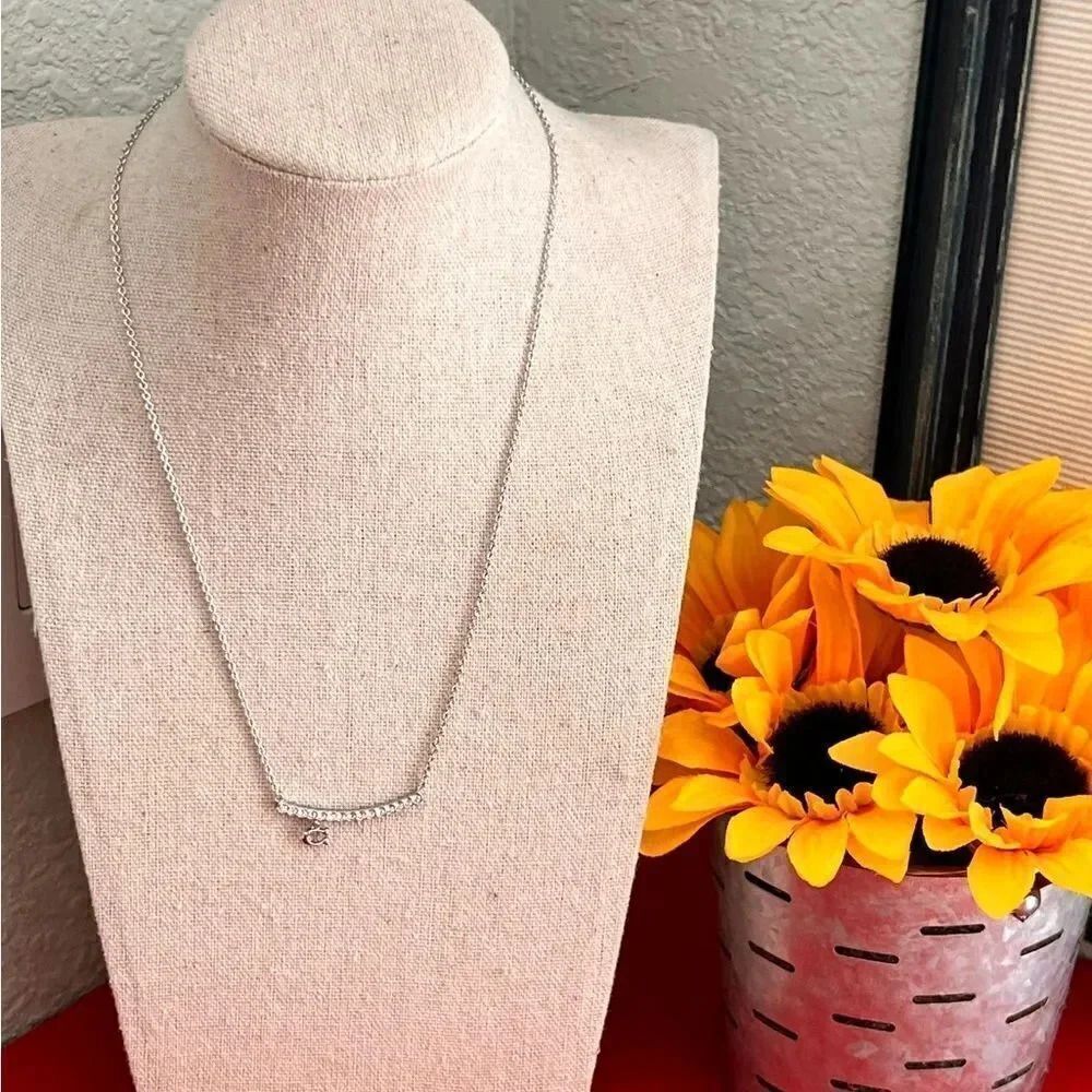 COACH Signature C Pave Bar Charm Necklace Silver Tone 18” Total NWT # TSNK